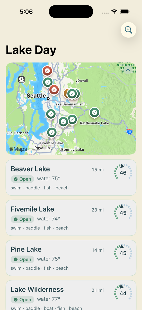 Lake Day's list screen: a map of King County with lakes pinned by safety state, above cards for Beaver Lake, Fivemile Lake, Pine Lake and Lake Wilderness, each showing an Open pill, water temperature, distance and a score dial.