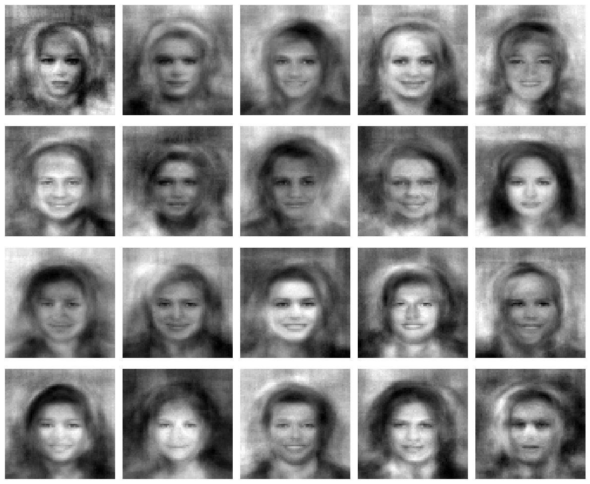 A grid of faces sampled from the NNMF model, with sharper localized features.