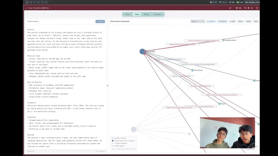 Asclepion: patient notes beside a clinical reasoning graph